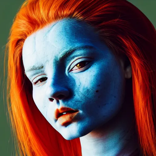 Image similar to illustrated portrait of beautiful ram-horned woman with orange skin and blue hair wearing leather armor, hyper detailed, photorealistic