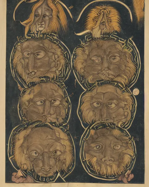 Image similar to zmei gorynich with four heads. one human head, second eagle head, third lion head, fourth ox head. drawn