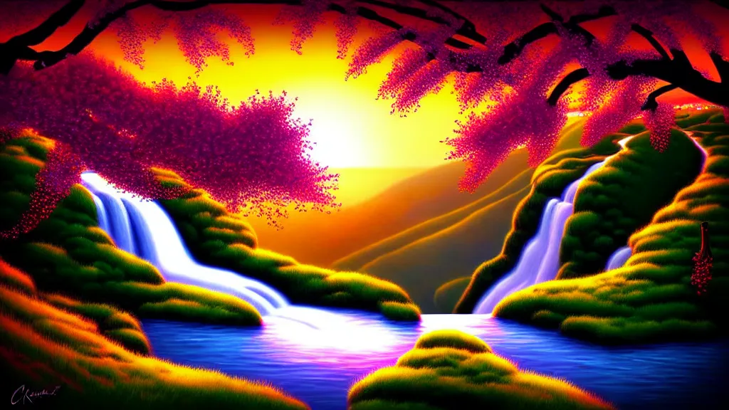 Image similar to featured on artstation cherry tree overlooking valley waterfall sunset beautiful image stylized digital art