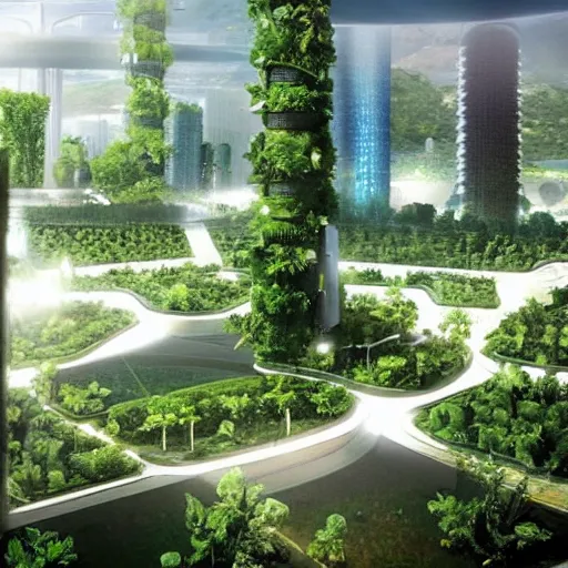 Prompt: a futuristic city scape of vertical organic farms, breeding, growing, cellular structures, epic landscape