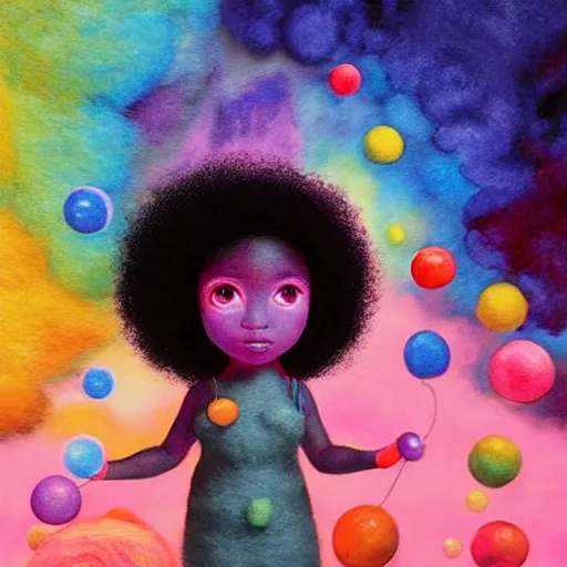 Image similar to a black girl with big beautiful eyes and a colorful afro playing with bubbles in the candy forest, bright colors, synthwave, watercolor, volumetric wool felting, felt, macro photography, children illustration, global illumination, radiant light, detailed and intricate environment, by goro fujita, bokeh!!!!