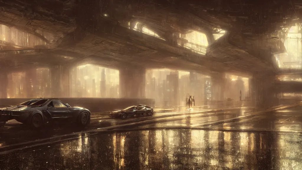 Prompt: under a city highway bridge of a cyberpunk city, rain, night, mist, flying shuttles, advertising pannels, blade runner, rays of light, james gurney, greg rutkowski, unreal engine, artstation