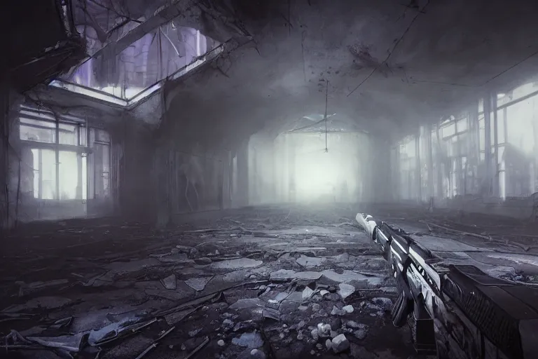 Image similar to a surrealistic painting of a first person shooter game trailer on a abandoned victorian shopping mall, cinematic lightning, ray tracing, unreal engine 5, photorealistic fps game concept art, detailed, dark, moody, foggy