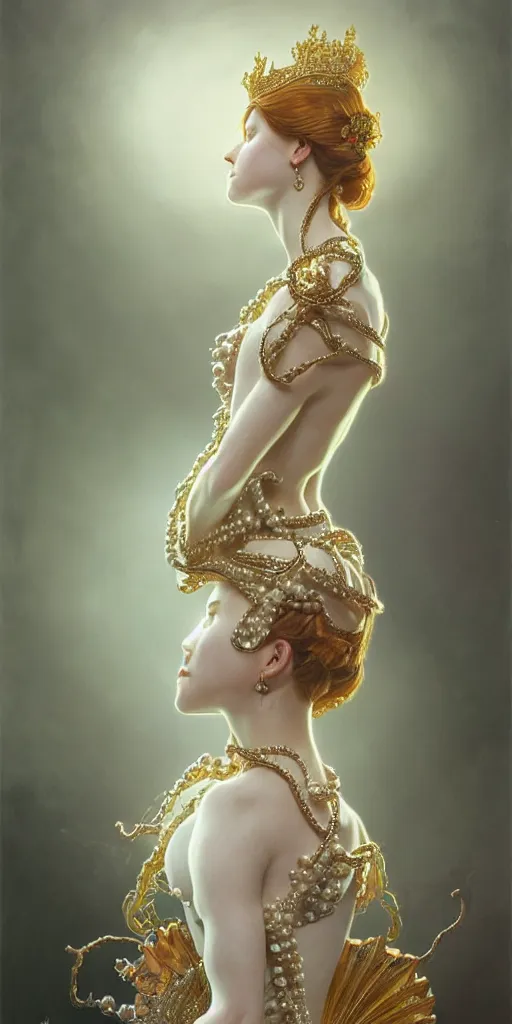 Image similar to a realistic liquid queen with a decorated dress made of white pearls , highly detailed, digital painting, Trending on artstation , HD quality, by artgerm and greg rutkowski and alphonse mucha, dramatic light, octane