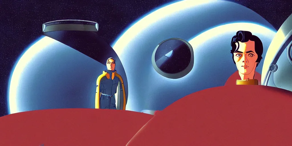 Image similar to a symmetrical portrait of lonely single Alain Delon alone pilot in posing in spaceship station planet captain bridge outer worlds robots extraterrestrial hyper contrast well drawn in Jean Henri Gaston Giraud The Masters of Time FANTASTIC PLANET La planète sauvage animation by René Laloux