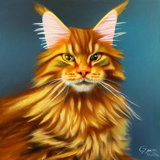 Prompt: Portrait Oil Painting, Ginger Maine-Coon with a white fluff wearing a mexican hat sombrero sombrero