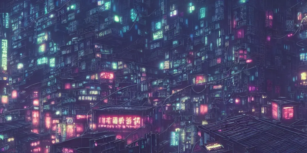 Image similar to twilight lighting, moody, atmospheric, solarpunk, cyberpunk, a render of kowloon walled city, rainy, in the art style of neon genesis : evangelion, 8 0 s anime style, by ghibli studio and victor ngai, ghost in the shell art style, akira artstyle, pixar highly detailed, 8 k h 5 7 6