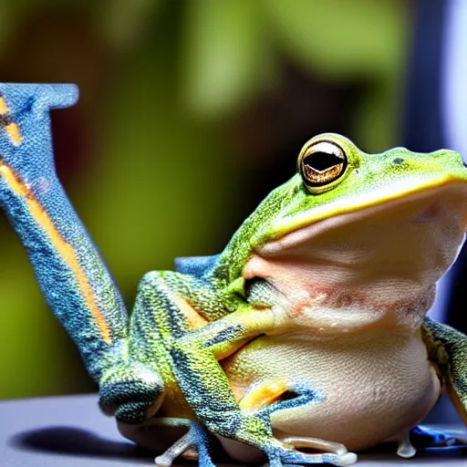 Image similar to a picture of a frog giving a presentation at the office, he is wearing a suit, 4K