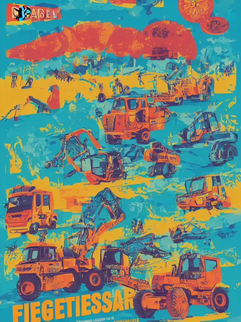 Image similar to poster for a summer festival called diggerfest in the united kingdom, digger land, really good vibes, colorful, construction, friends