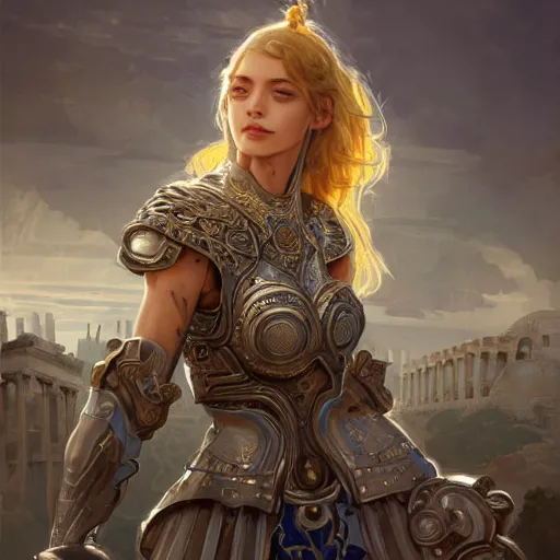 Prompt: portrait knights of Zodiac girl, silver and metalic blue color reflected armor, in ruined Agora of Athens, ssci-fi, fantasy, intricate, very very beautiful, elegant, golden light, highly detailed, digital painting, artstation, concept art, smooth, sharp focus, illustration, art by tian zi and WLOP and alphonse mucha