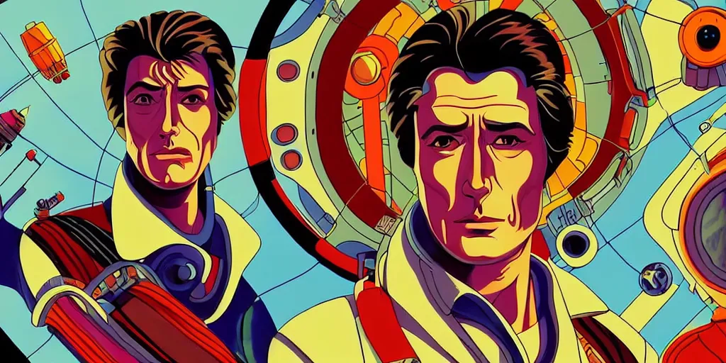 Image similar to traditional drawn colorful animation a symmetrical portrait of lonely single Alain Delon Stallone Clint Eastwood alone pilot in posing in spaceship station planet captain bridge outer worlds robots extraterrestrial hyper contrast well drawn in Jean Henri Gaston Giraud animation film The Masters of Time FANTASTIC PLANET La planète sauvage animation by René Laloux