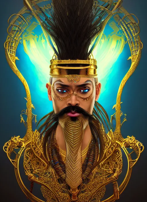 Prompt: angry god shu, bronze skin tone and egyptian wig, pharaoh beard, glowing eyes, volumetric lights, cyan and gold scheme, art nouveau botanicals, gothic, intricate, highly detailed, digital painting, artstation, concept art, smooth, sharp focus, symmetric face, illustration, steampunk, art by artgerm and greg rutkowski and alphonse mucha