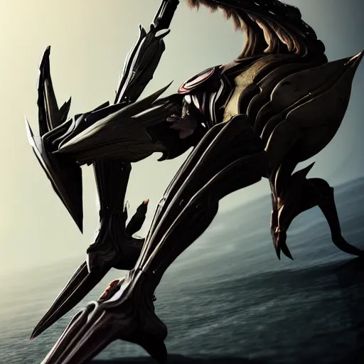 Image similar to beautiful and stunning giant valkyr female warframe, doing an elegant pose over you, you looking up at her from the ground pov shot, unaware of your existence, slick elegant design, sharp claws, detailed shot legs-up, highly detailed art, epic cinematic shot, realistic, professional digital art, high end digital art, furry art, DeviantArt, artstation, Furaffinity, 8k HD render, epic lighting, depth of field