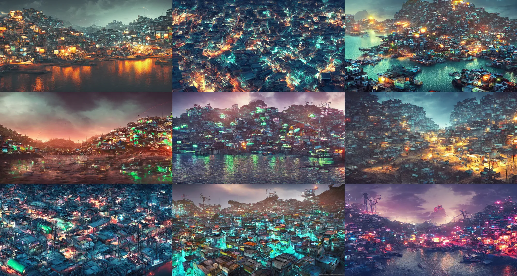 Prompt: a dystopian fishing village, futuristic, favelas, some have neon signs, realistic, epic composition, epic lighting, 4 k