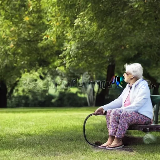 Image similar to an older woman sitting in a park wearing a thin translucent oxygen line under her nose, 4 k, stock photo