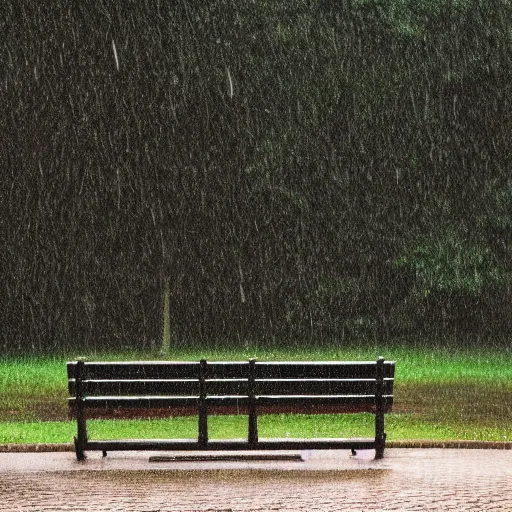 Prompt: a photo of a fluffy monster sitting at a park bench alone in the rain, moody, nostalgic, 8 k uhd