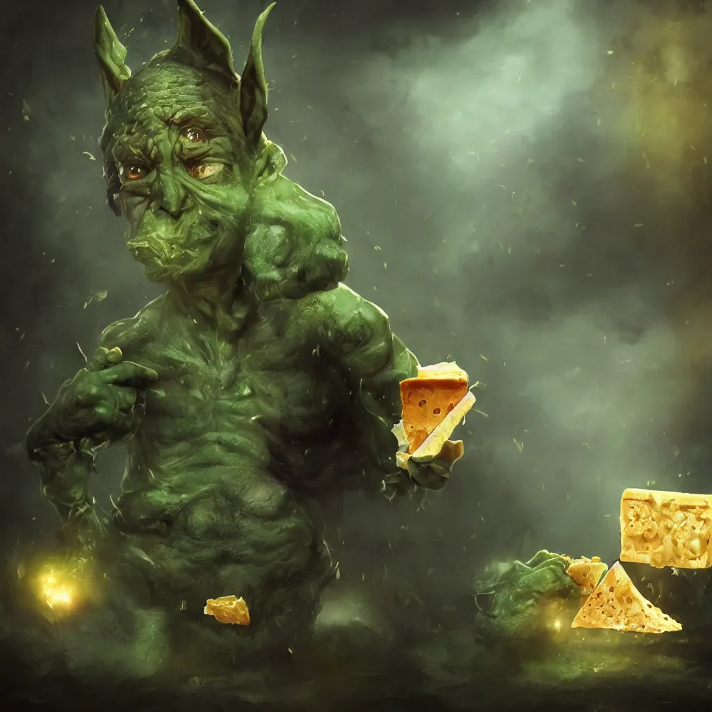 Image similar to Photorealistic fantasy portrait of one single D&D goblin holding a triangle of Swiss Cheese. Ominous green mist in the background. Magical occult photorealism, UHD, amazing depth, glowing, golden ratio, 3D octane cycle unreal engine 5, volumetric lighting, cinematic lighting, cgstation artstation concept art