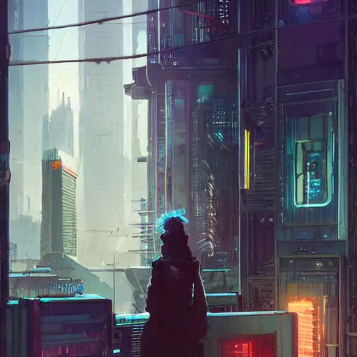 Image similar to cybercat in window | cyberpunk cityscape, illustrated by james warhola and greg rutkowski