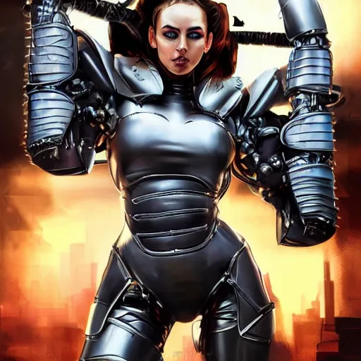 Image similar to a full bodied portrait of beautiful, disciplined, young woman in latex battle armor suit by sandra chevrier, detailed render, epic composition, cybernetics, 4 k realistic, cryengine, realistic shaded lighting, sharp focus, masterpiece, by matteo scalera, gary montalbano, peter elson in the style of the tokyo ghost comic, epic angles