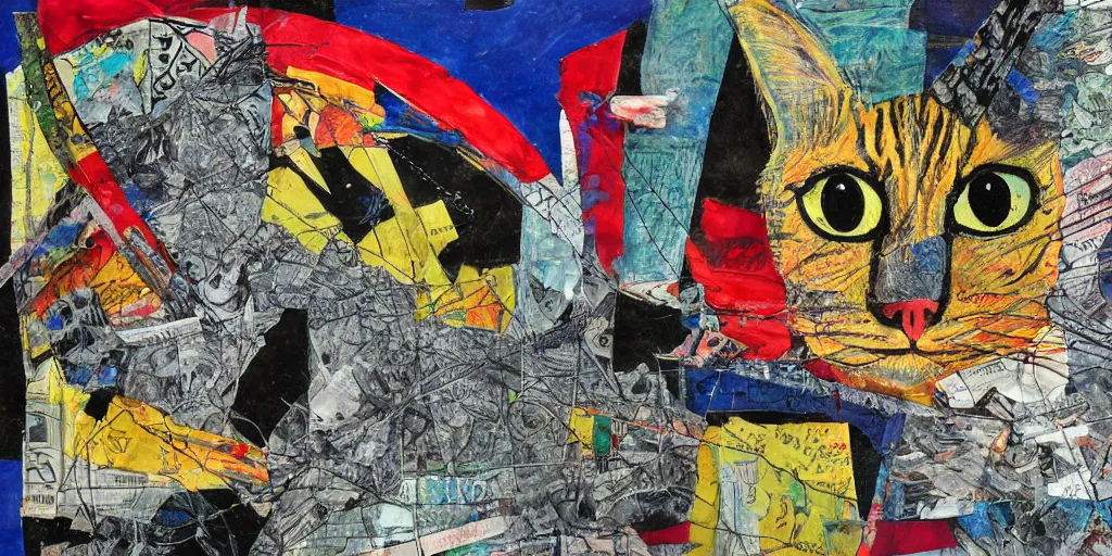 Image similar to mad cat on a chain, collage, acrylic on canvas, lines with colored pencils, newspaper clippings, expressionism movement, breathtaking detailed, by blake neubert
