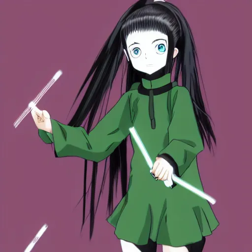 Image similar to a girl dressed in a black and green outfit in the style of Kishimoto Masashi