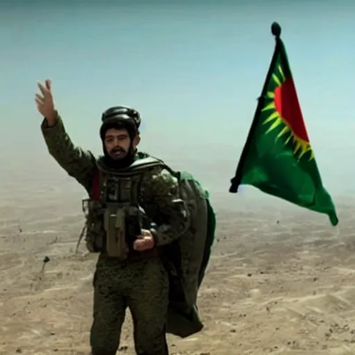 Prompt: kurdish astronaut holding a iraqi kurdistan flag in a movie directed by christopher nolan, movie still frame, promotional image, imax 7 0 mm footage
