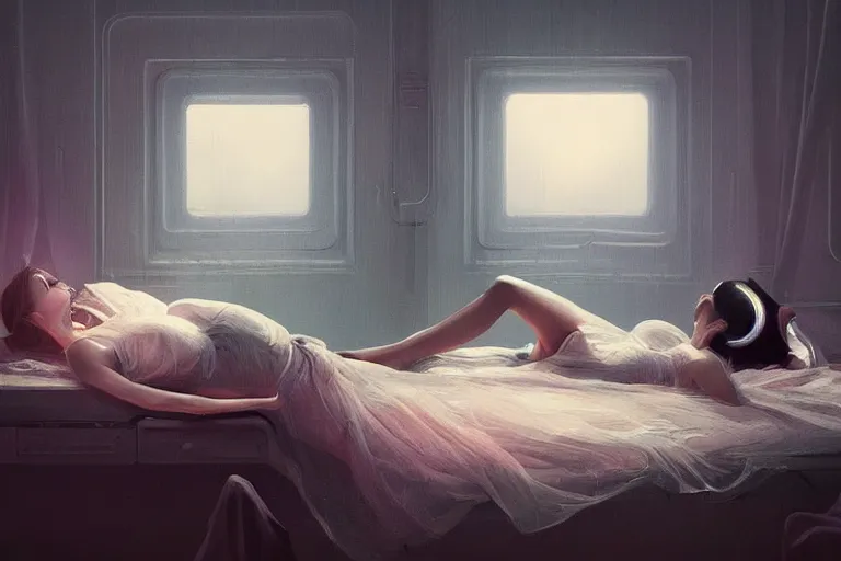 Image similar to a painting of a woman laying on a bed, art by mike winkelmann, trending on cgsociety, retrofuturism, reimagined by industrial light and magic, darksynth, sci - fi