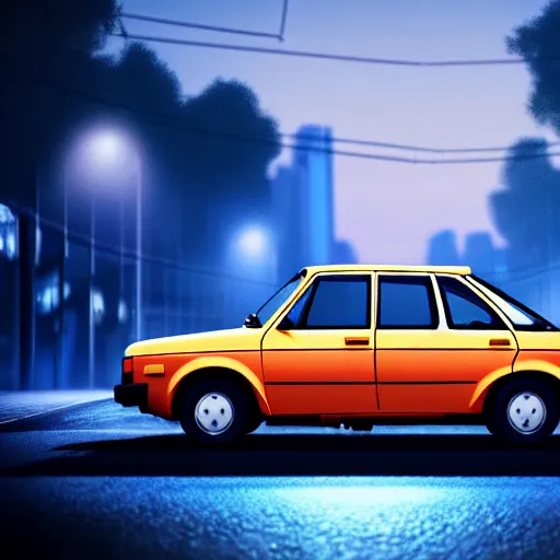 Image similar to a car Lada 1300 in the middle of a road on the night city, blue color grading, cinematic color grading , unreal 5, hyperrealistic, realistic, photorealistic, dynamic lighting, highly detailed, cinematic landscape, studio landscape, studio lighting