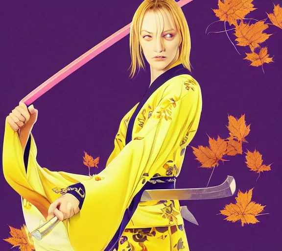 Image similar to breathtaking detailed pattern pastel colors, action scene from kill bill, with uma thurman ( kill bill ) in yellow kimono, with hatori hanzo katana sword and autumn leaves, by hsiao - ron cheng, bizarre compositions, exquisite detail, enhanced eye detail