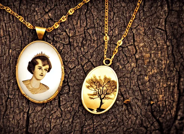 Prompt: old retro burnt out photograph with scratches of a branch with a hanging golden necklace with a hanging tiny slim open oval rusty golden locket pendant with a retro photo of an elegant and aesthetic woman royalty portrait. with trees visible in the background with bokeh. Antique. High quality 8k. Intricate. Sony a7r iv . Award winning