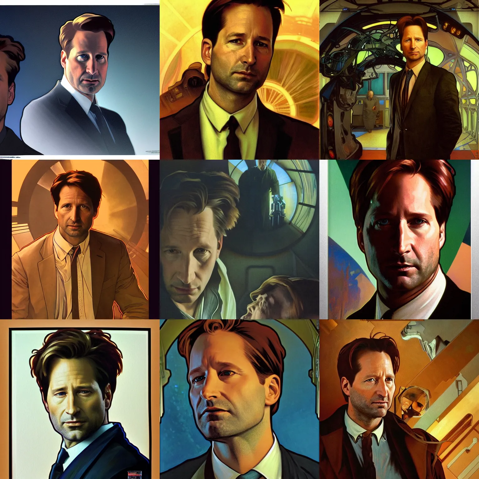 Prompt: hyperrealist portrait of fox mulder, in the background an underground facility. by juan gimenez and alphonse mucha, fantasy art, photo realistic, dynamic lighting, artstation, poster, volumetric lighting, very detailed faces, 4 k, award winning