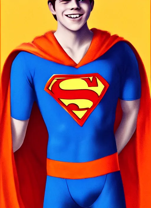 Image similar to friendly teenage archie andrews wearing an orange superhero costume with heart logo, heart, freckles, blue cape, heart emblem on chest, blue cape, intricate, elegant, glowing lights, highly detailed, digital painting, artstation, sharp focus, illustration, art by wlop, mars ravelo and greg rutkowski