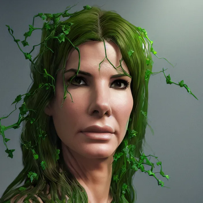 Image similar to portrait of Sandra Bullock as a Poison Ivy. intricate artwork. by Tooth Wu, wlop, beeple, dan mumford. octane render, trending on artstation, greg rutkowski very coherent symmetrical artwork. cinematic, hyper realism, high detail, octane render, 8k