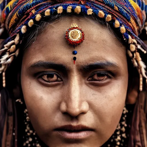 Image similar to portrait of a stunningly beautiful himalayan tribal female, depth of field, zeiss lens, detailed, symmetrical, centered, fashion photoshoot, by Annie Leibovitz and Steve McCurry, David Lazar, Jimmy Nelsson, Breathtaking, 8k resolution, extremely detailed, beautiful, establishing shot, artistic, hyperrealistic, beautiful face, octane render