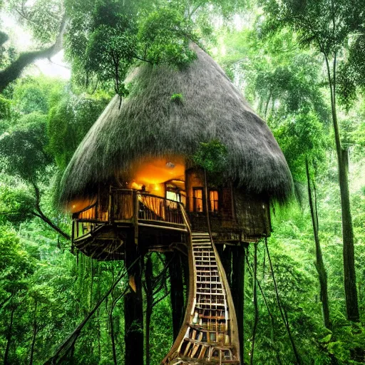 Image similar to a treehouse in a lush jungle during a thunderstorm in the night