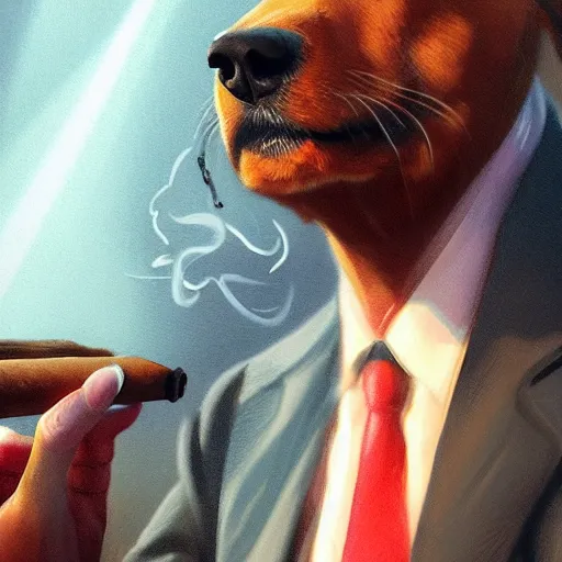 Image similar to a dog wearing a business suit smoking a cigar, dramatic lighting, cinematic, establishing shot, extremly high detail, photorealistic, cinematic lighting, concept art, artstation, style by greg rutkowsky