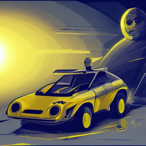 Prompt: a drawing of a yellow race car with the sun in the background, concept illustration by stefan gierowski, trending on artstation, retrofuturism, 2 d game art, concept art, matte illustration