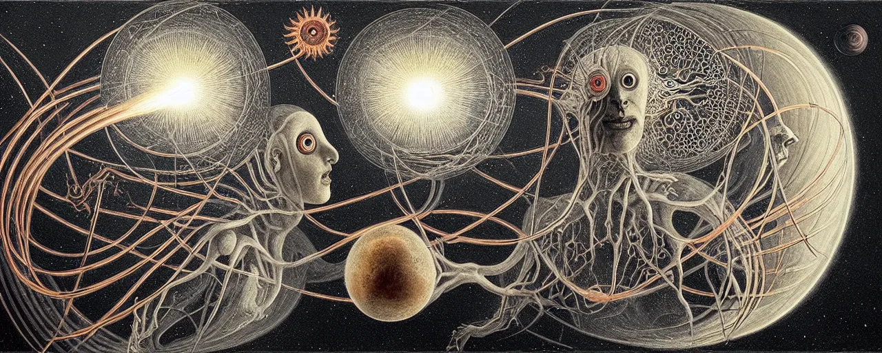 Image similar to a strange earth creature with endearing eyes radiates a unique canto'as above so below'while being ignited by the spirit of haeckel and robert fludd, breakthrough is iminent, glory be to the magic within, in honor of saturn, painted by ronny khalil