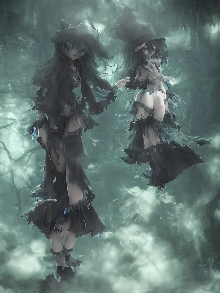 Image similar to cute fumo plush of a frail cursed witch girl wandering the depths of the forbidden jungle, gothic wraith maiden, wispy smoke and volumetric fog, beyond the mirror, filmic, symmetric beauty, moonlight midnight glow, vignette, vray