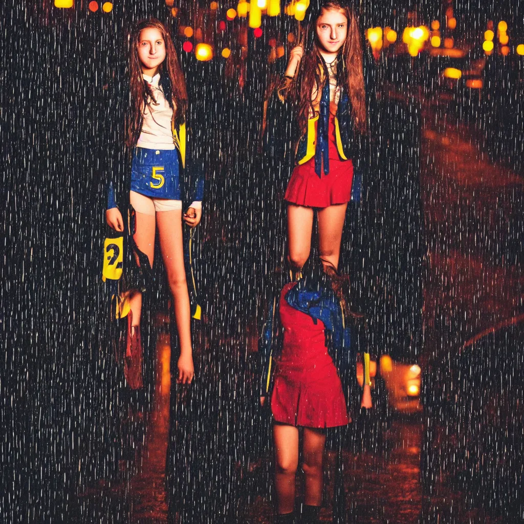 Image similar to night flash portrait photography of a high school girl in uniform on the lower east side by annie leibovitz, colorful, nighttime!, raining!