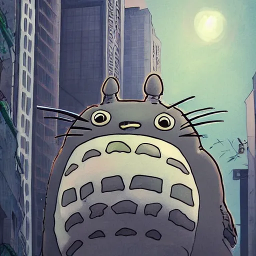 Image similar to totoro doing bussiness, tuxedo, in the big city, skyscrappers, fantasy digital art, wow, stunning, ghibli style, hight quality