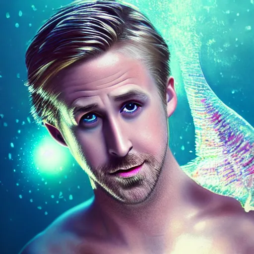 Image similar to ryan gosling portrait, fantasy, mermaid, hyperrealistic, game character, underwater, highly detailed, sharp focus, cinematic lighting, pearls, glowing hair, shells, gills, crown, water, highlights, starfish, jewelry, realistic, digital art, pastel, magic, fiction, ocean, king, colorful hair, sparkly eyes, fish, heroic, god, waves, bubbles