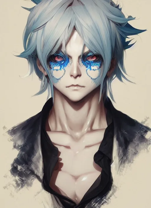 Prompt: highly detailed anime krenz cushart portrait art of a half skull face, white hair, black and blue eyes, white shirt, ross tran, vd, intricate, digital art, sharp focus, illustration, alphonse mucha