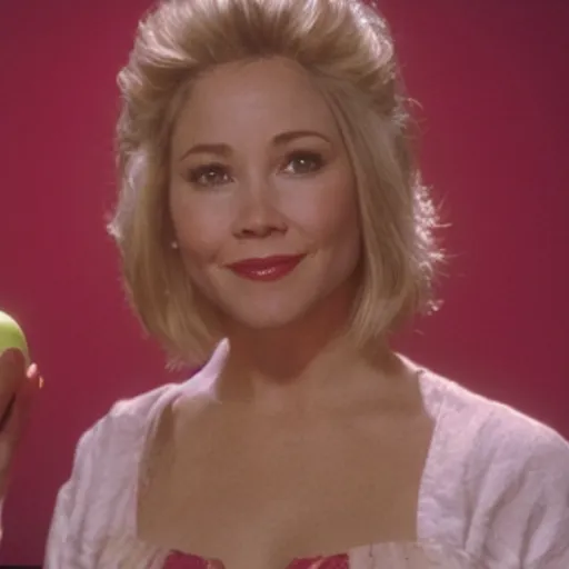 Prompt: an apple, the fruit, with the face of christina applegate on its skin