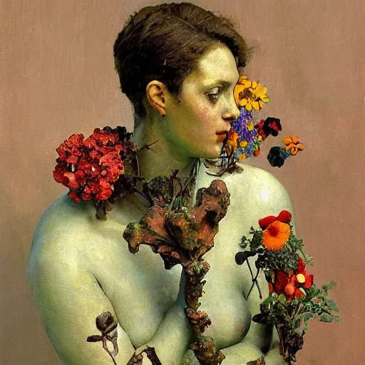 Image similar to a sculpture portrait made of ceramic and metal and flowers and plants, painting part by wojciech siudmak, part by ilya repin, part by max ernst, part by norman rockwell, artstation