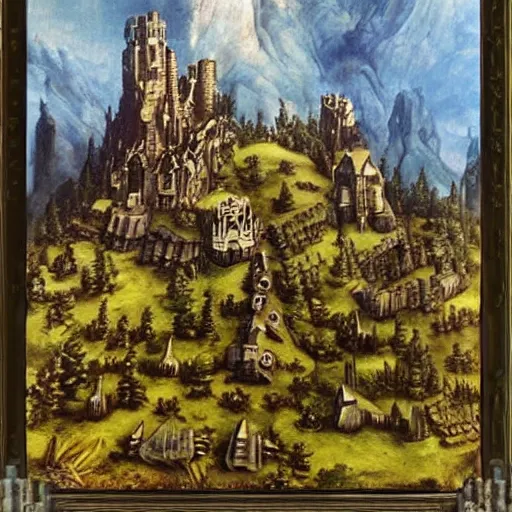 Prompt: a castle of iron stands on a hill in a beautiful forest, oil painting painted by Leonardo da Vinci, Warhammer 40k