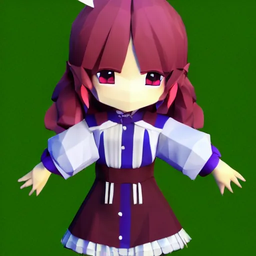 Prompt: ultra low poly modelling, clean graphics, isometric view, 1 6 bit colors, from touhou, made in rpg maker, right side of chibi girl, brown jacket with long sleeves, pigtails hair, volumetric lighting, fantasy, intricate, hyper realistic, by blizzard, warcraft 3, backlit