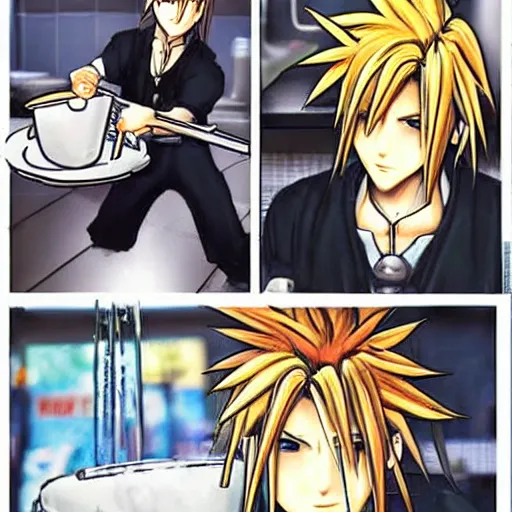 Prompt: cloud strife washing dishes at mcdonald's fast food restaurant in the style of yoshitaka amano