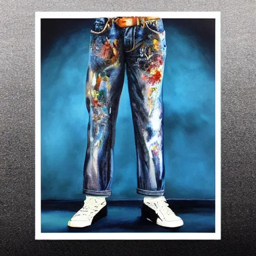 Prompt: a dramatic painting of a pair of jeans, pants, album art, cover art, poster, empty pants, dramatic, epic