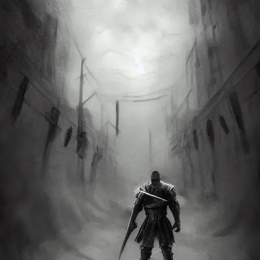 Prompt: pencil art, distant shot, realistic, cinematic, hyper detailed, smooth, hero prepared to fight, walking up to evil army.